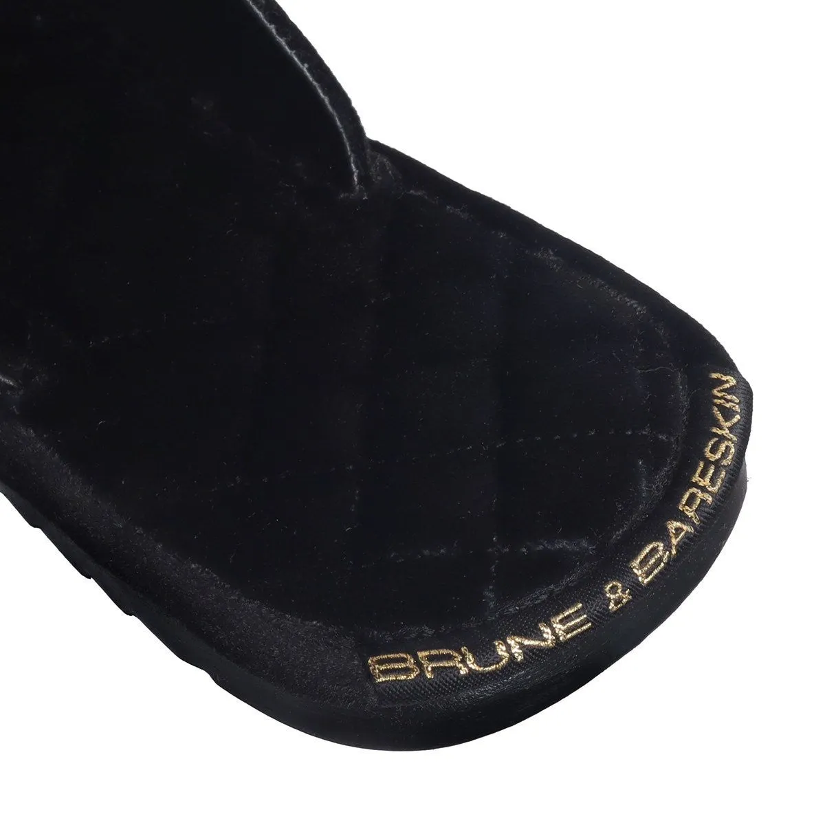 Black Quilted Base Velvet Slide In Slippers with Lion Zardosi