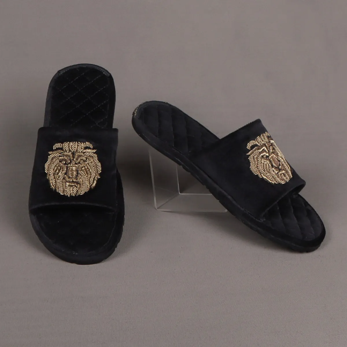Black Quilted Base Velvet Slide In Slippers with Lion Zardosi