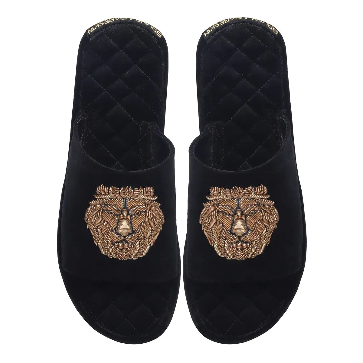 Black Quilted Base Velvet Slide In Slippers with Lion Zardosi