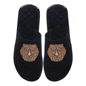 Black Quilted Base Velvet Slide In Slippers with Lion Zardosi