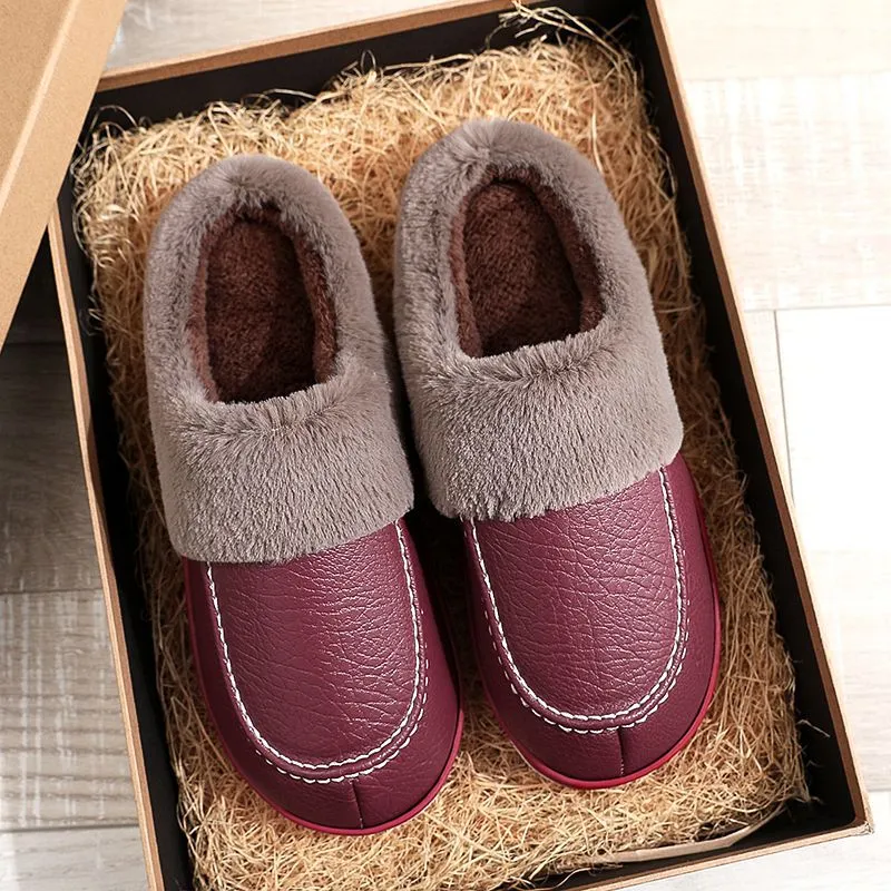 Cuzcare Men PU Winter Slippers Fur Indoor Shoes