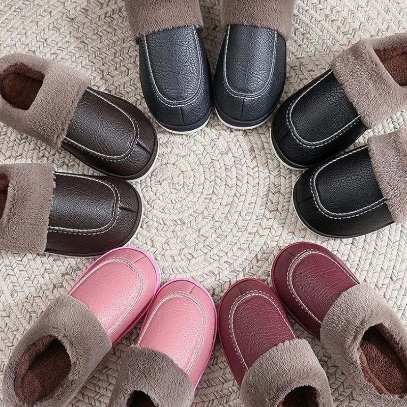 Cuzcare Men PU Winter Slippers Fur Indoor Shoes
