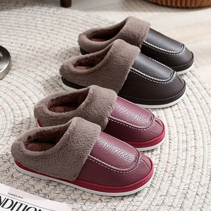 Cuzcare Men PU Winter Slippers Fur Indoor Shoes