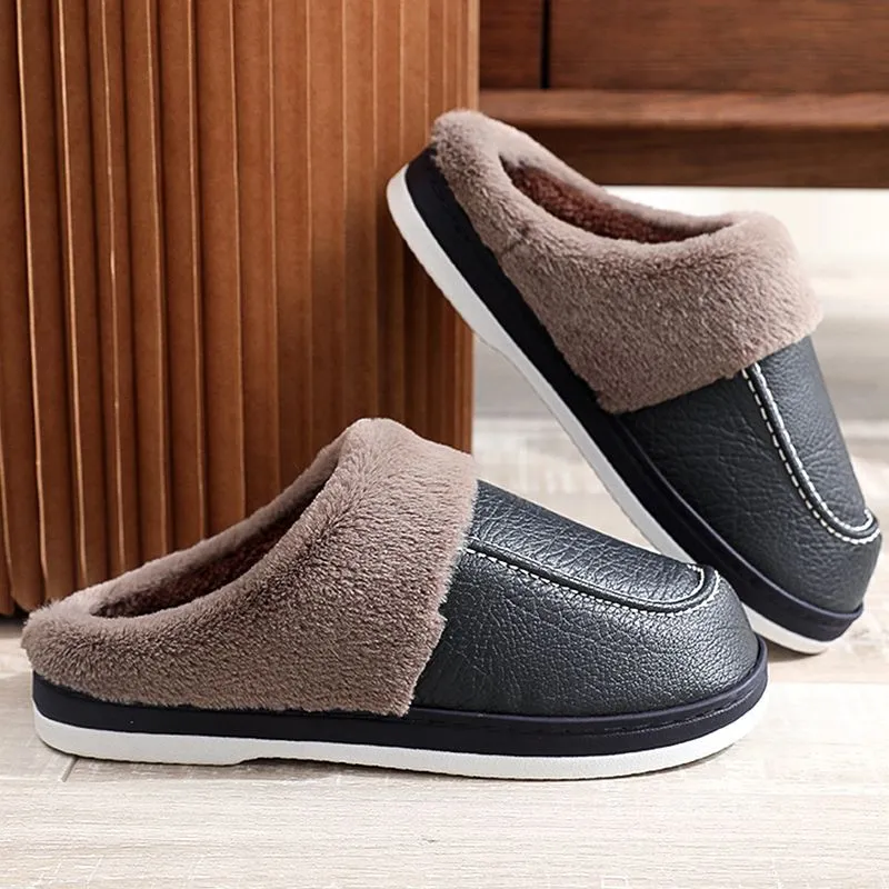 Cuzcare Men PU Winter Slippers Fur Indoor Shoes
