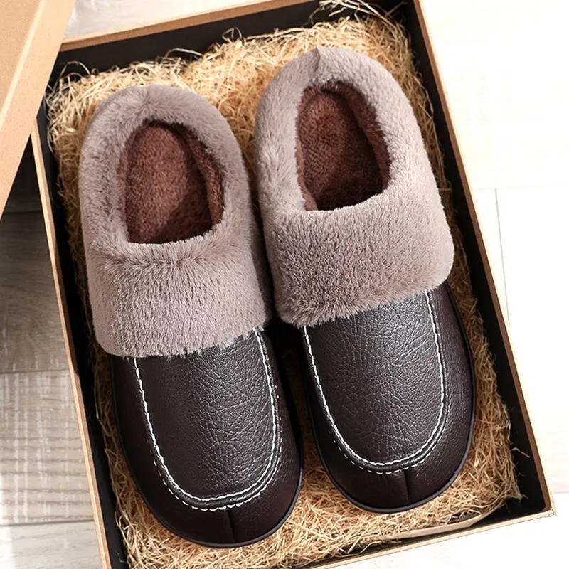 Cuzcare Men PU Winter Slippers Fur Indoor Shoes