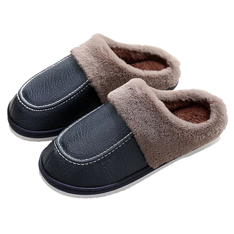 Cuzcare Men PU Winter Slippers Fur Indoor Shoes