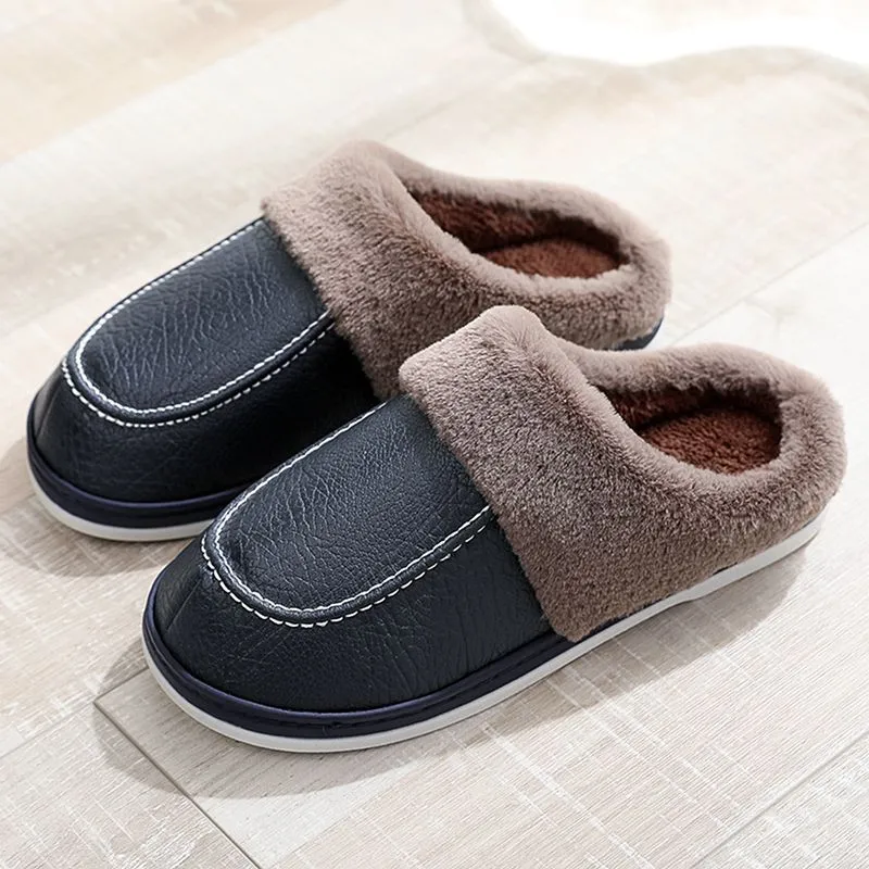 Cuzcare Men PU Winter Slippers Fur Indoor Shoes