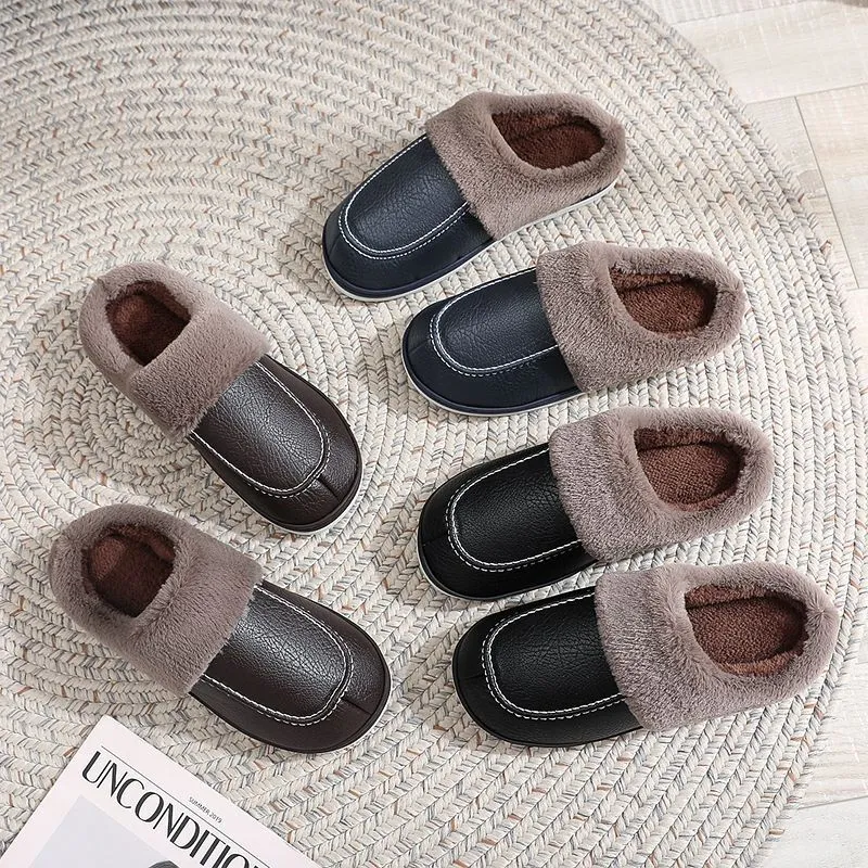 Cuzcare Men PU Winter Slippers Fur Indoor Shoes