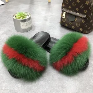 Green and Red Real Polar Fox Fur Slippers