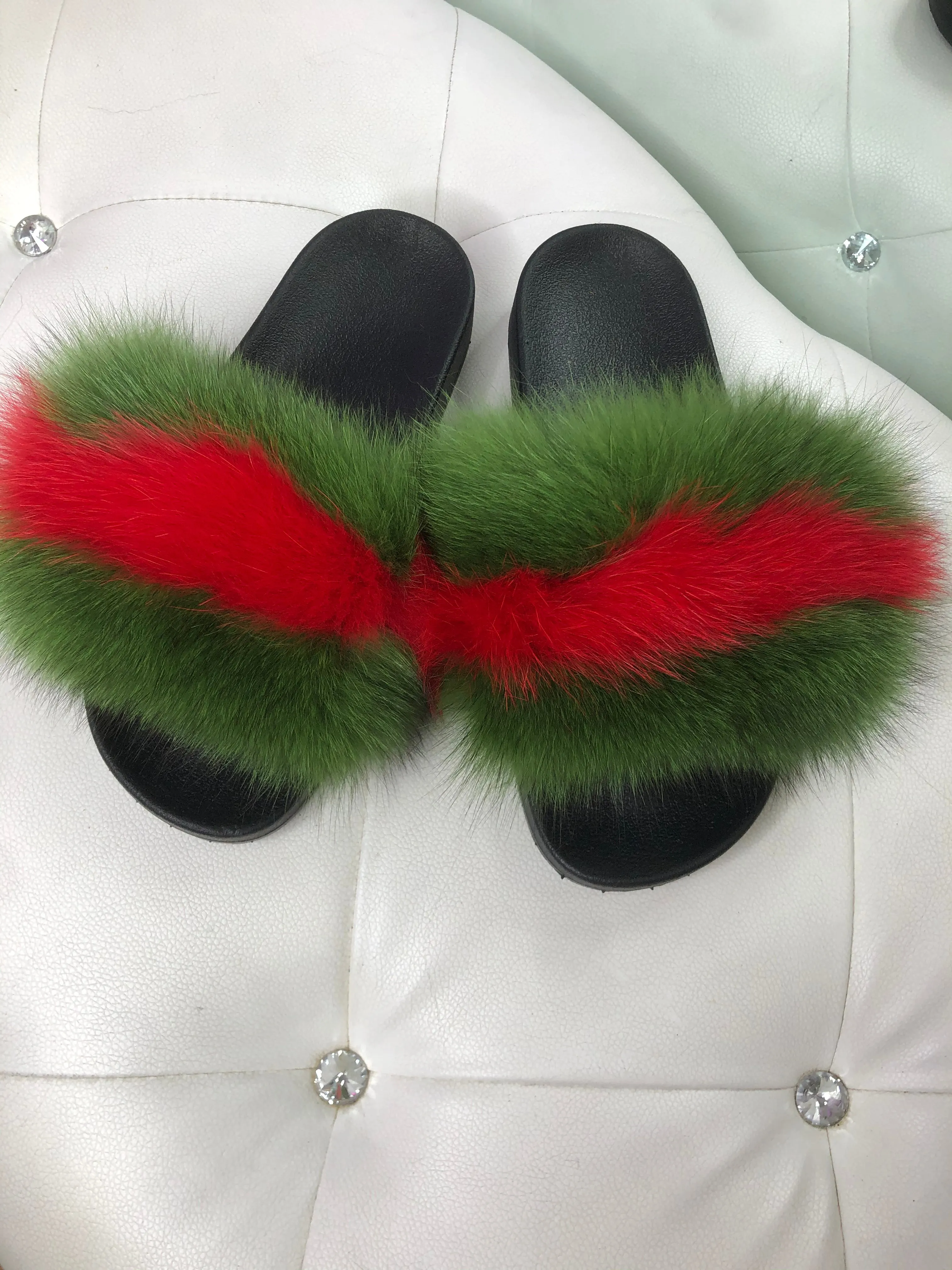 Green and Red Real Polar Fox Fur Slippers