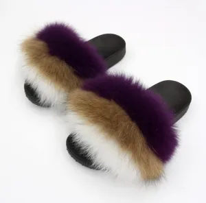 Purple and White Real Fur Slippers
