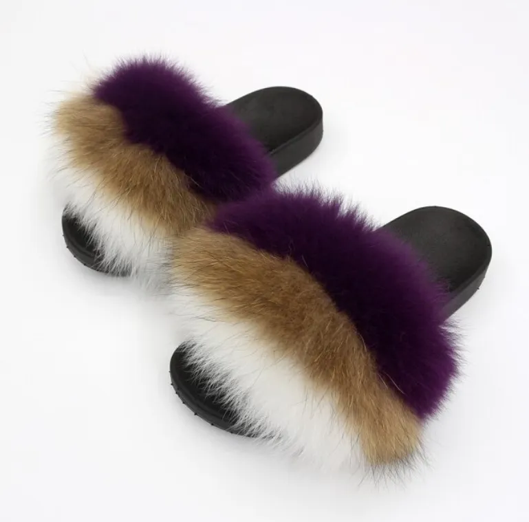 Purple and White Real Fur Slippers