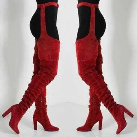 Women Faux Suede Thigh High Waist Belt Chunky High Heel Slouch Boots | Over The Knee Waist Belted Boots