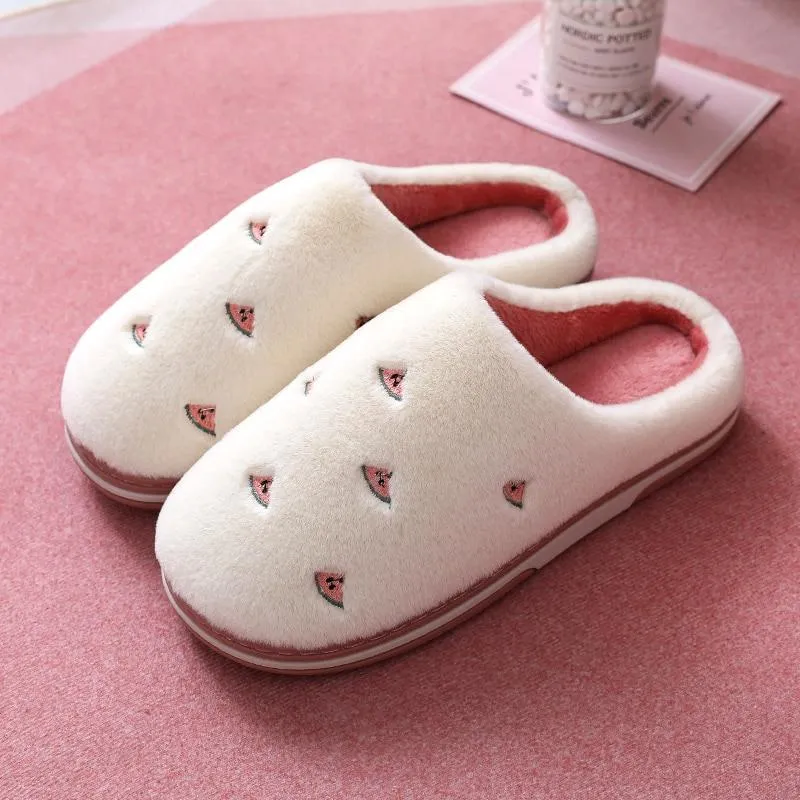 Women Indoor Warm Plush Embroidered Fruit Soft Non-slip Slippers