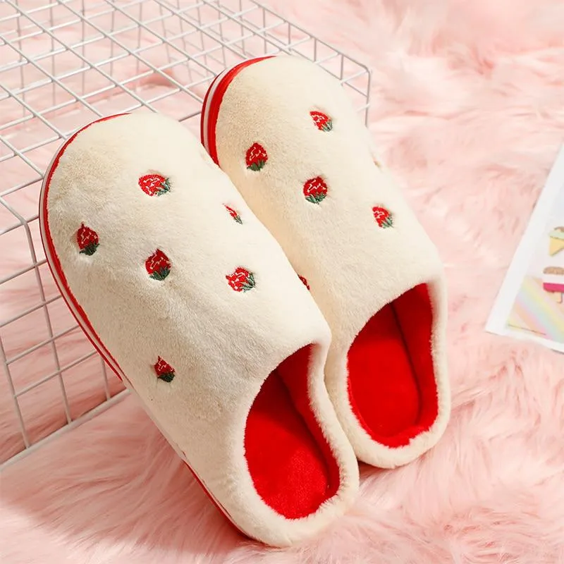 Women Indoor Warm Plush Embroidered Fruit Soft Non-slip Slippers