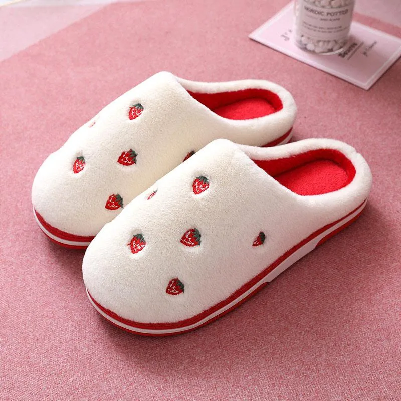 Women Indoor Warm Plush Embroidered Fruit Soft Non-slip Slippers