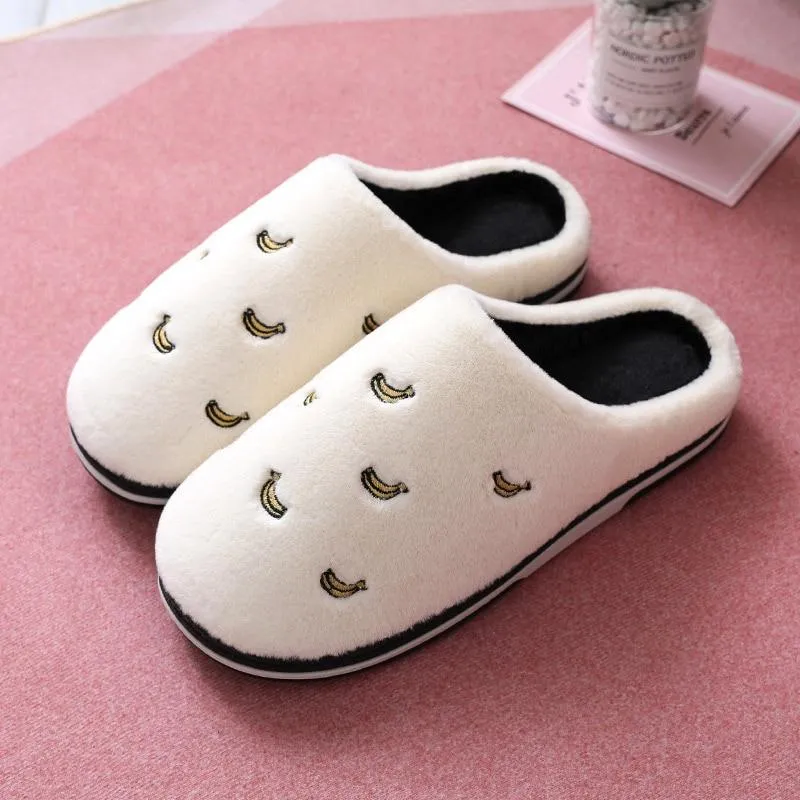 Women Indoor Warm Plush Embroidered Fruit Soft Non-slip Slippers