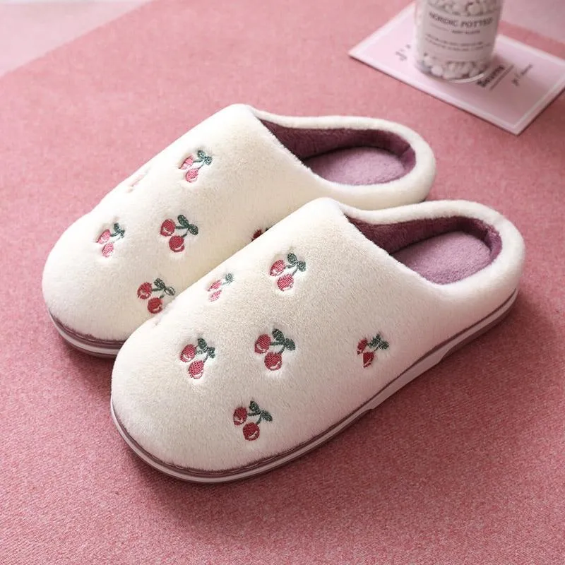 Women Indoor Warm Plush Embroidered Fruit Soft Non-slip Slippers